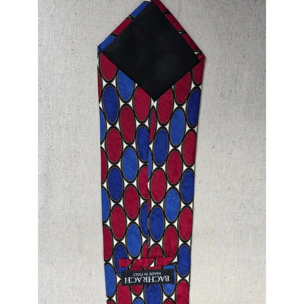 Bachrach Mens Silk Necktie Blue‎ Red Geometric Oval Pattern Made in Italy
